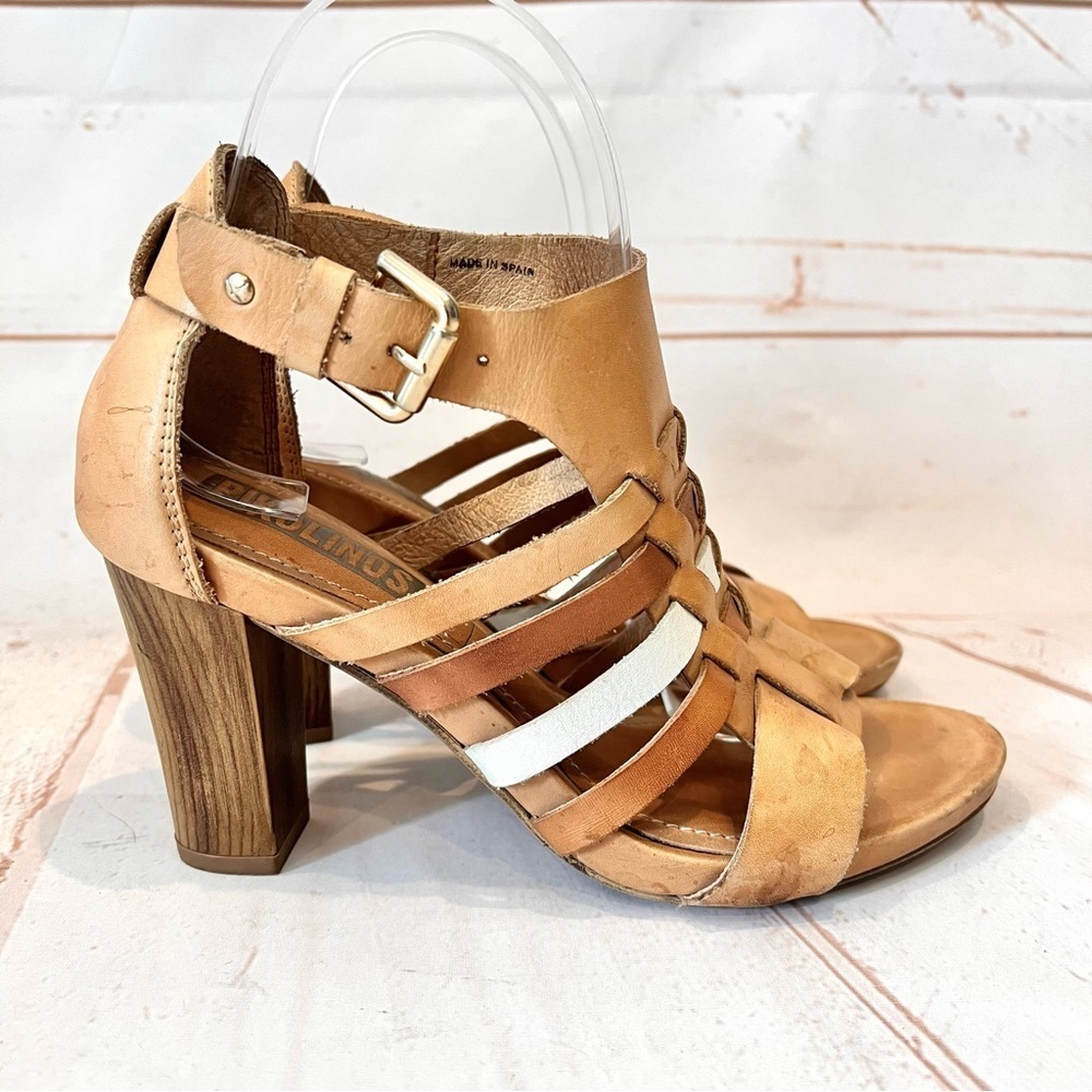 PIKOLINOS Tan and White Strappy Heeled Sandals